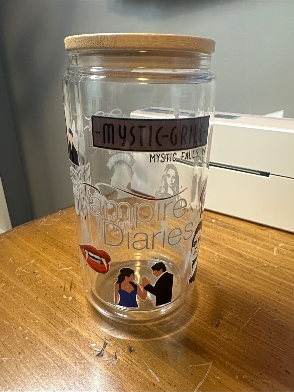 Handmade Vampire Diaries 16oz Glass Cup with Bamboo Lid - Clear